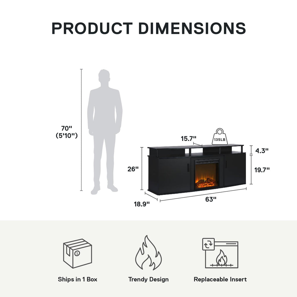Ameriwood Home Carson Fireplace TV Stand Black Wood for TVs up to 70 Inch