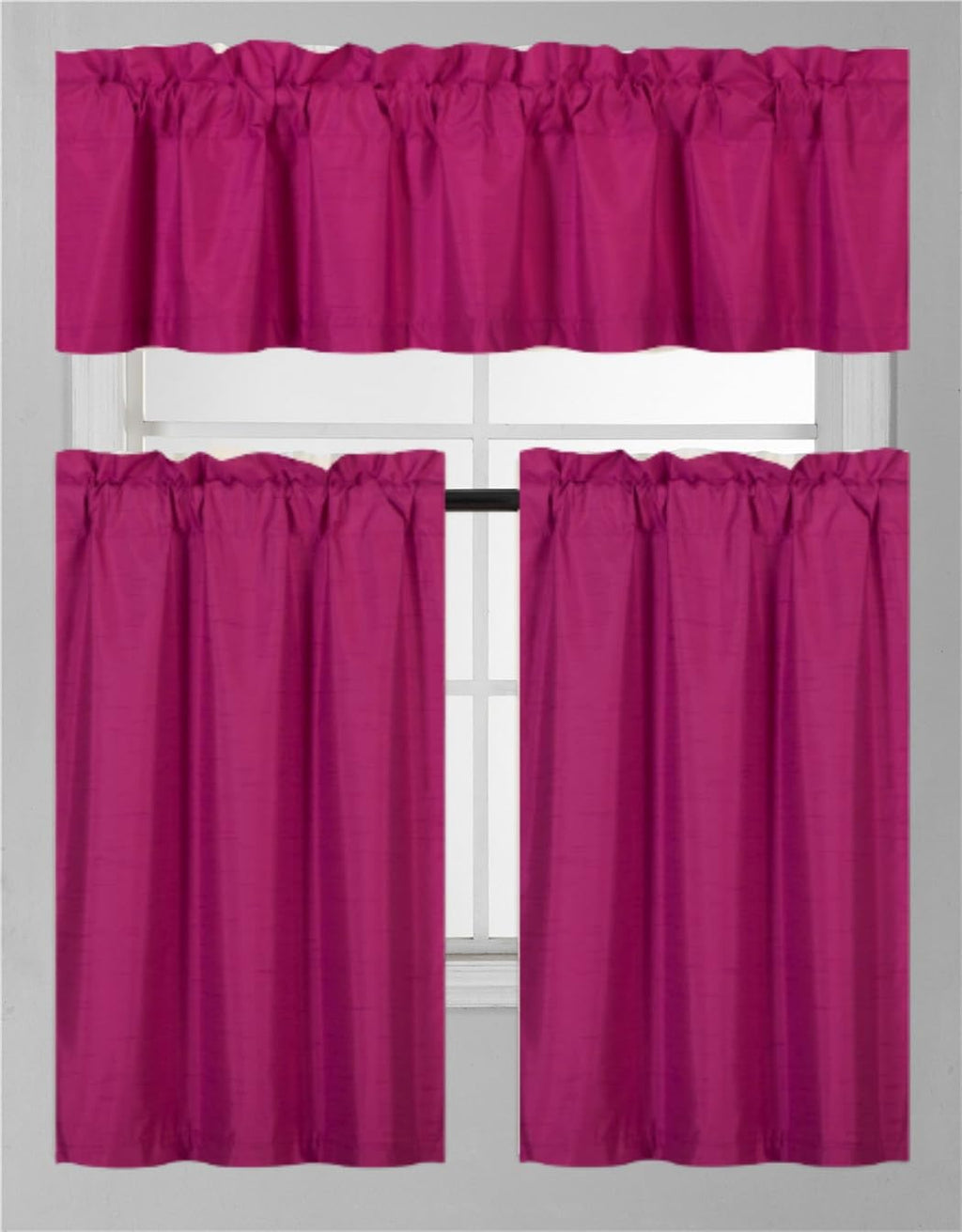 3Pc Set Solid Faux Silk Lined Blackout Rod Pocket Small Kitchen Window Curtain With Valance (K3) (Hot Pink)