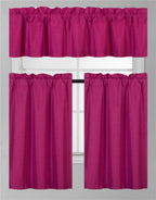 3Pc Set Solid Faux Silk Lined Blackout Rod Pocket Small Kitchen Window Curtain With Valance (K3) (Hot Pink)