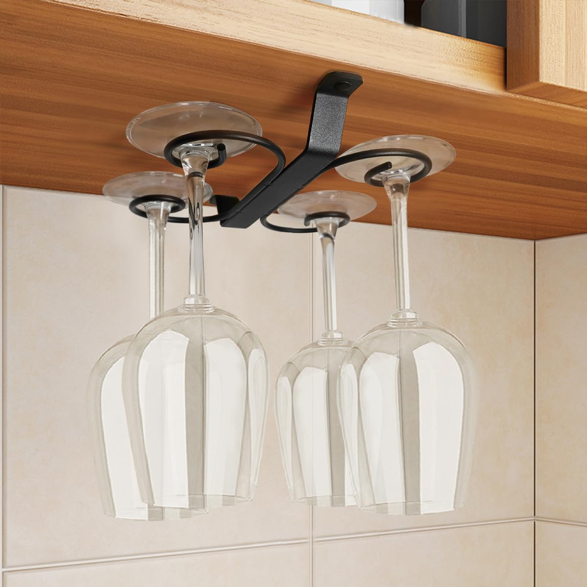 Gelive 9-Inch Under Cabinet Wine Glass Holder Stemware Rack Glass Storage Hanger With 4 Hooks Organizer For Kitchen Bar Rv (Blac