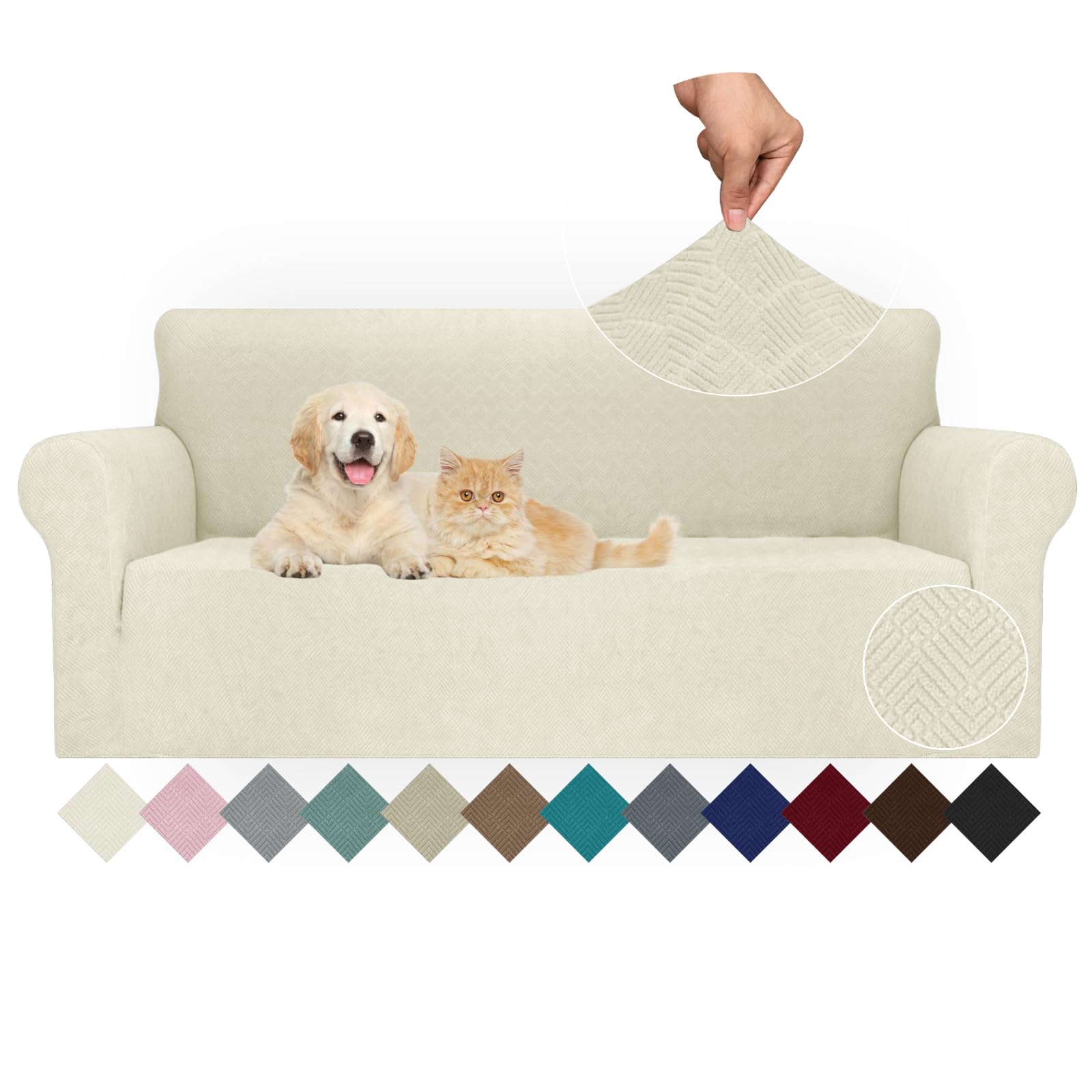 Jiviner Stretch Sofa Covers 1 Piece Couch Covers For 3 Cushion Couch Sofa, 3 Seater Sofa Slipcovers Furniture Protector With Elastic Bottom For Kids, Pets (Large, Beige Rhomb)