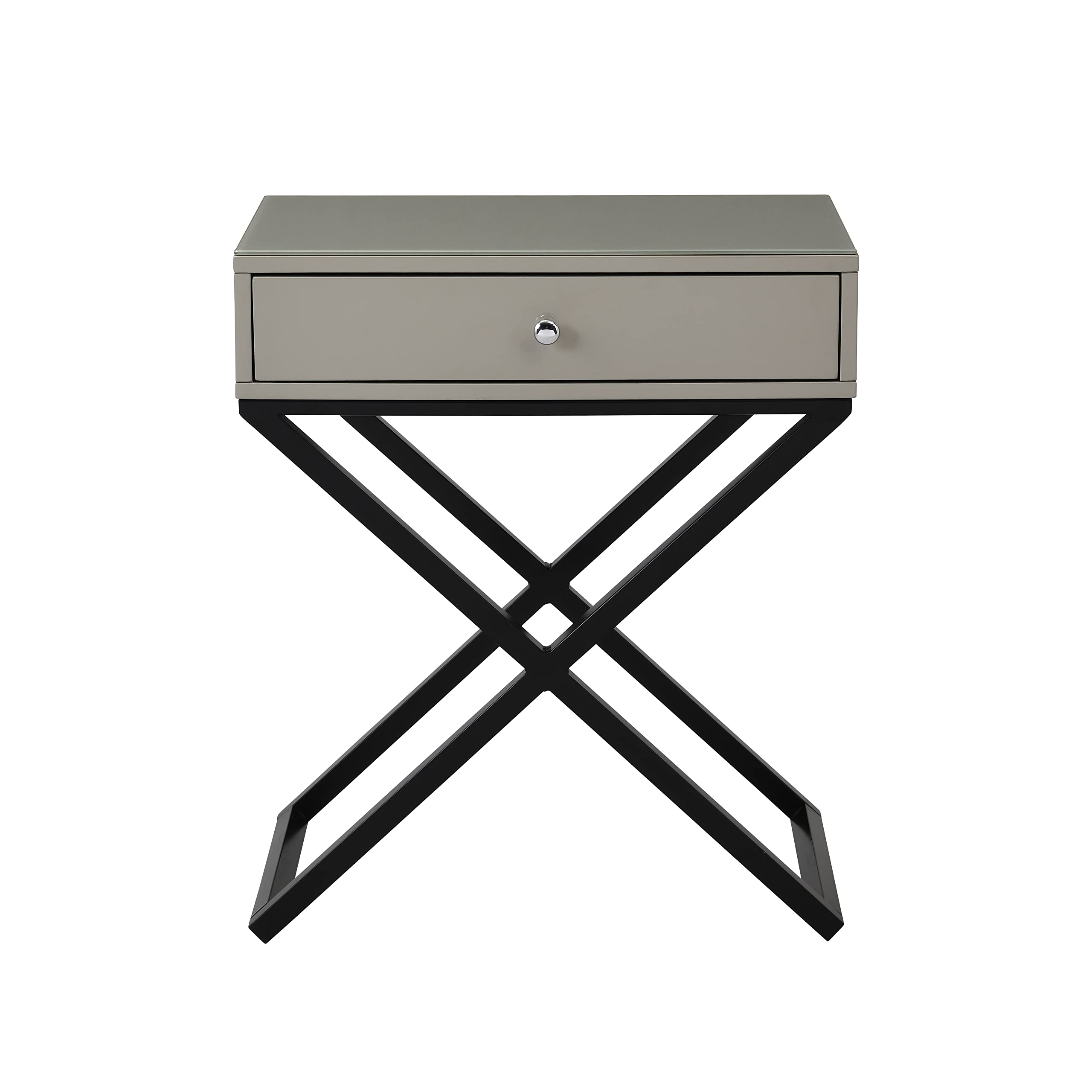 Lilola Home Koda Taupe Wooden End Side Table Nightstand with Glass Top, Drawer and Metal Cross Base