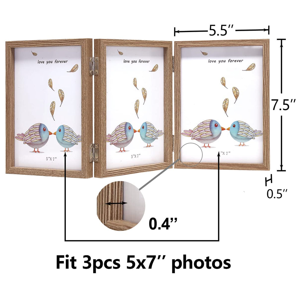 3 Picture Frame 5X7 Triple Hinged Mdf Wood Grain With Glass Front Three Opening Photo Frame Stand Vertical On Tabletop