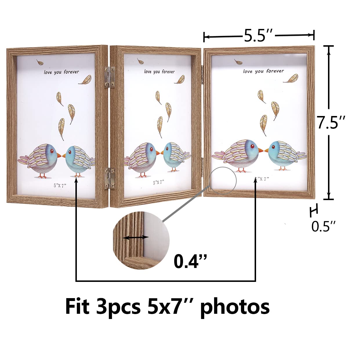 3 Picture Frame 5X7 Triple Hinged Mdf Wood Grain With Glass Front Three Opening Photo Frame Stand Vertical On Tabletop