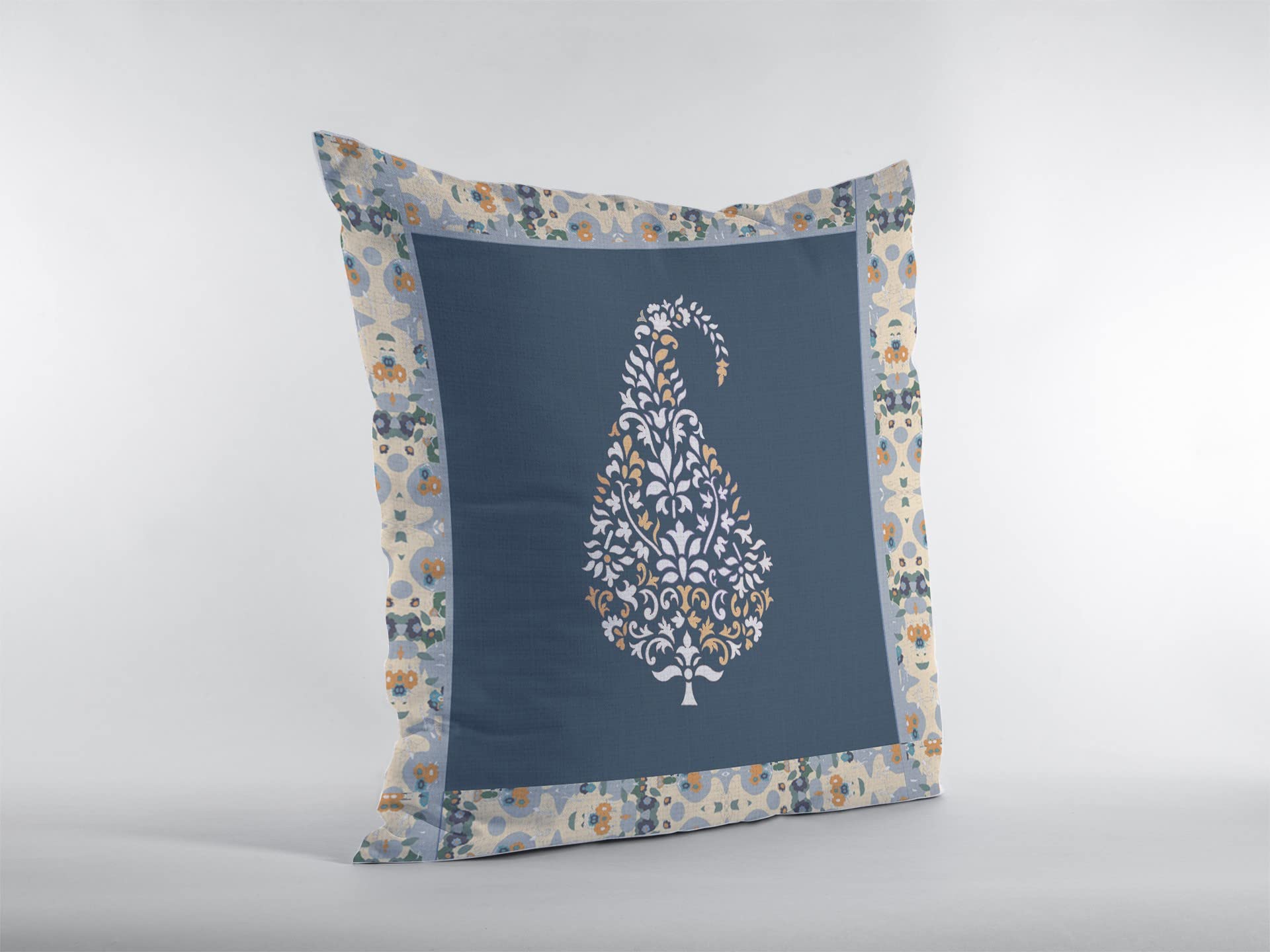 HomeRoots White and Orange On Navy 20â€ Orange Navy Paisley Suede Decorative Throw Pillow