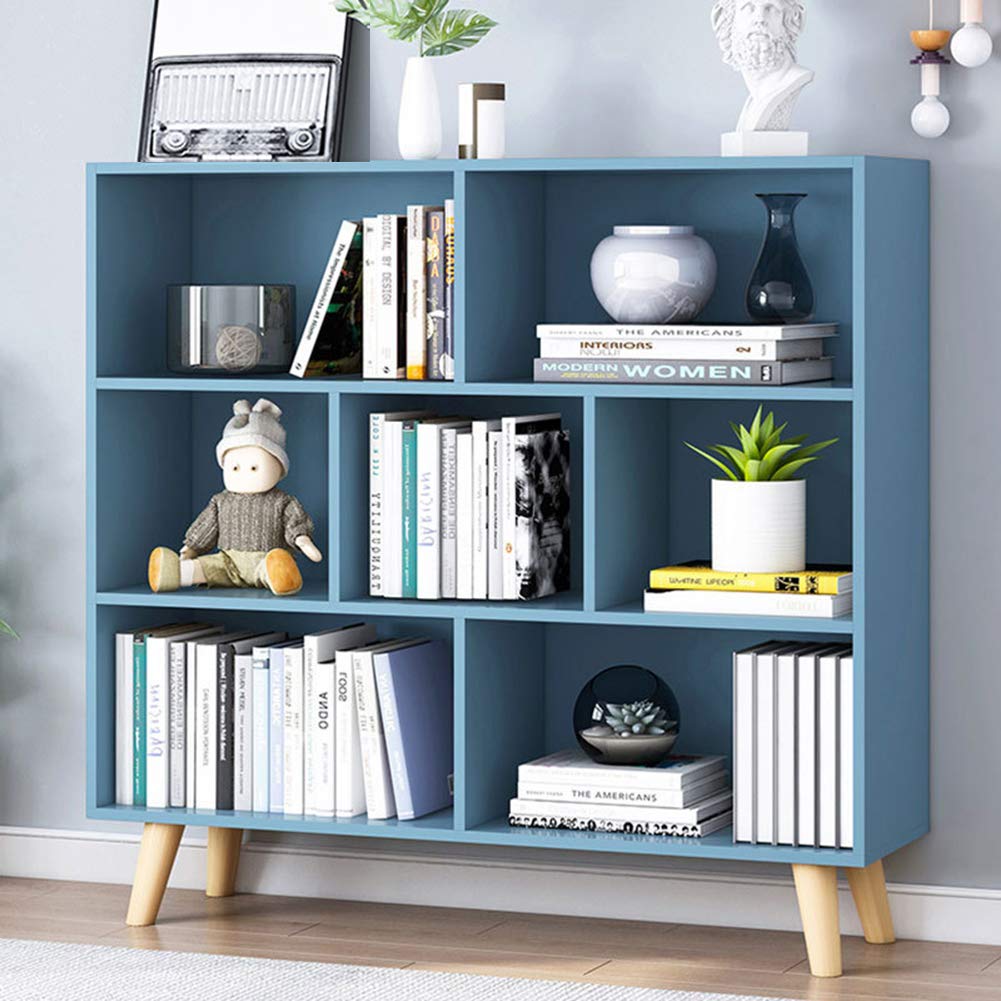 Iotxy Wooden Open Shelf Bookcase - 3-Tier Floor Standing Display Cabinet Rack With Legs, 7 Cubes Bookshelf, Tiffany-Green