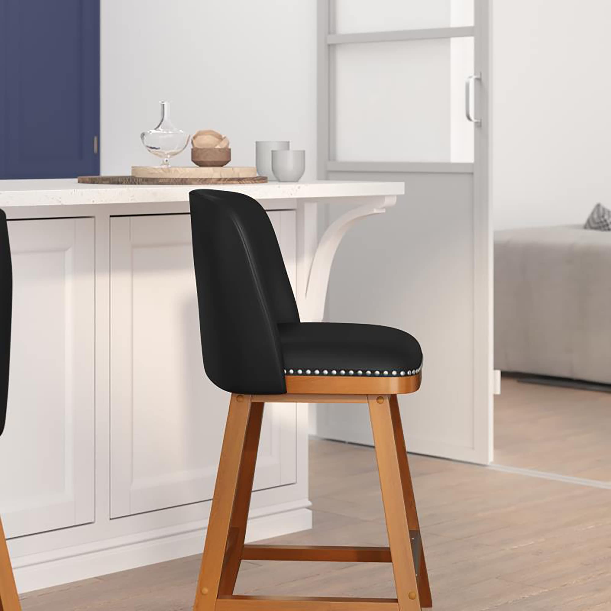 Flash Furniture Julia Set of 2 Transitional Counter Stools - Black LeatherSoft Upholstery - Silver Nailhead Trim - 24 Inch - Walnut Finish Wood Frames