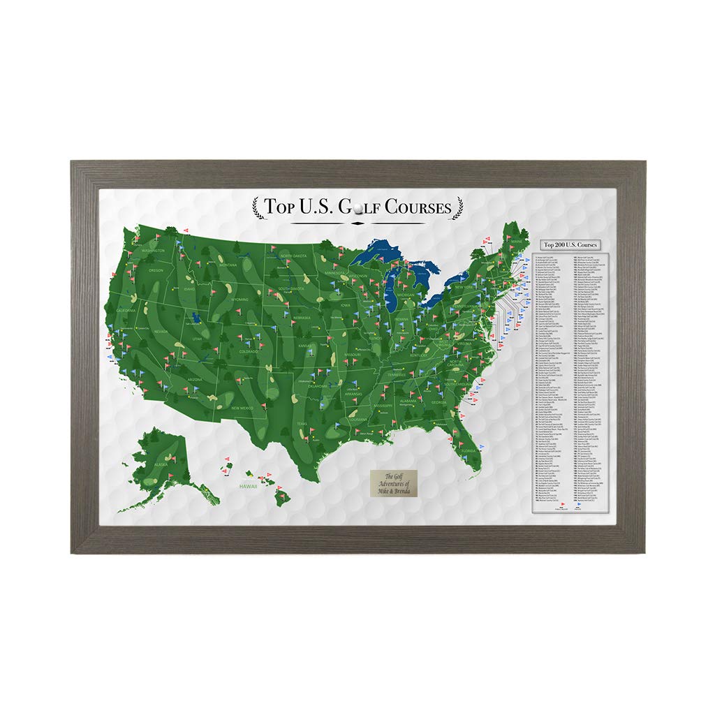 Push Pin Travel Maps Customizable Wall Art - Top Golf Courses USA Map - Barnwood Gray - Personalized Framed Pin Map, Includes 15