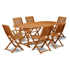 East West Furniture Bscm72Cana Beasley 7 Piece Patio Dining Set Consist Of An Oval Outdoor Acacia Wood Table And 2 Folding Arm 4 Side Chairs, 36X78 Inch