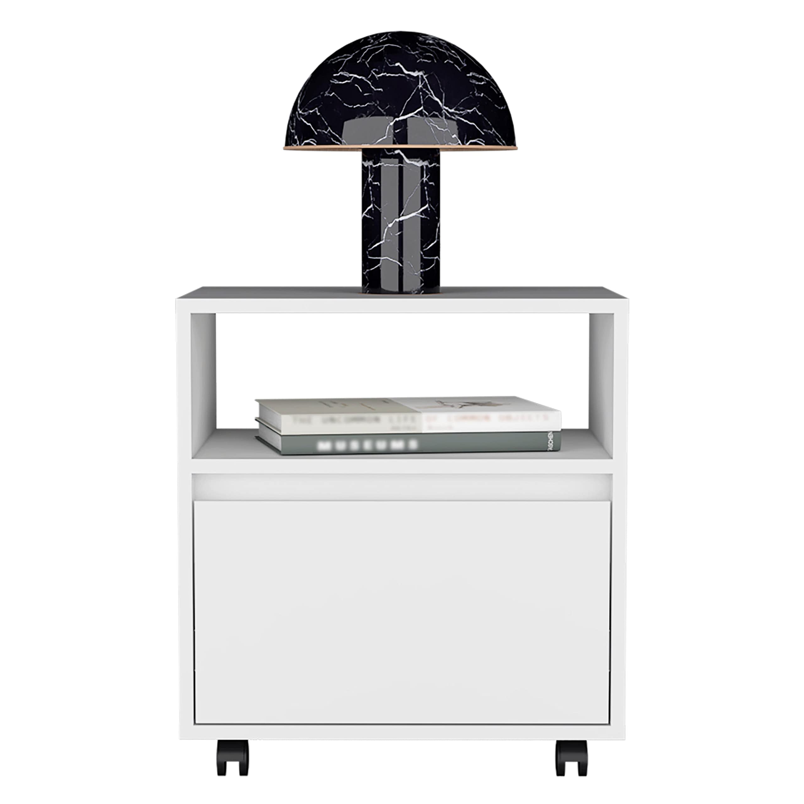 Nightstand 20" H, with 1 Open Shelf, 1 Drawer and Casters, White