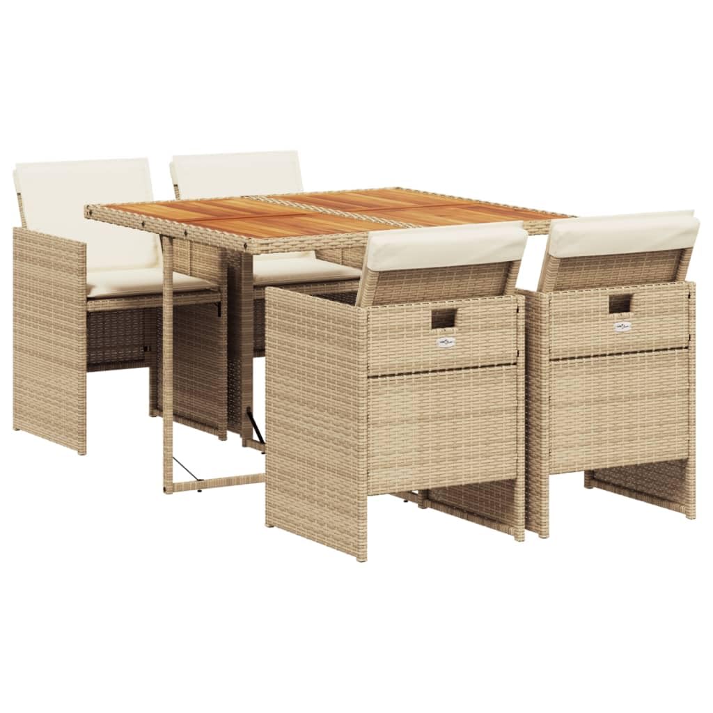 vidaXL 5-Piece Patio Dining Set with Cushions, Beige Poly Rattan, Durable Acacia Wood Tabletop, Foldable Chairs, Comfortable Outdoor Furniture, Garden/Backyard/Patio Use