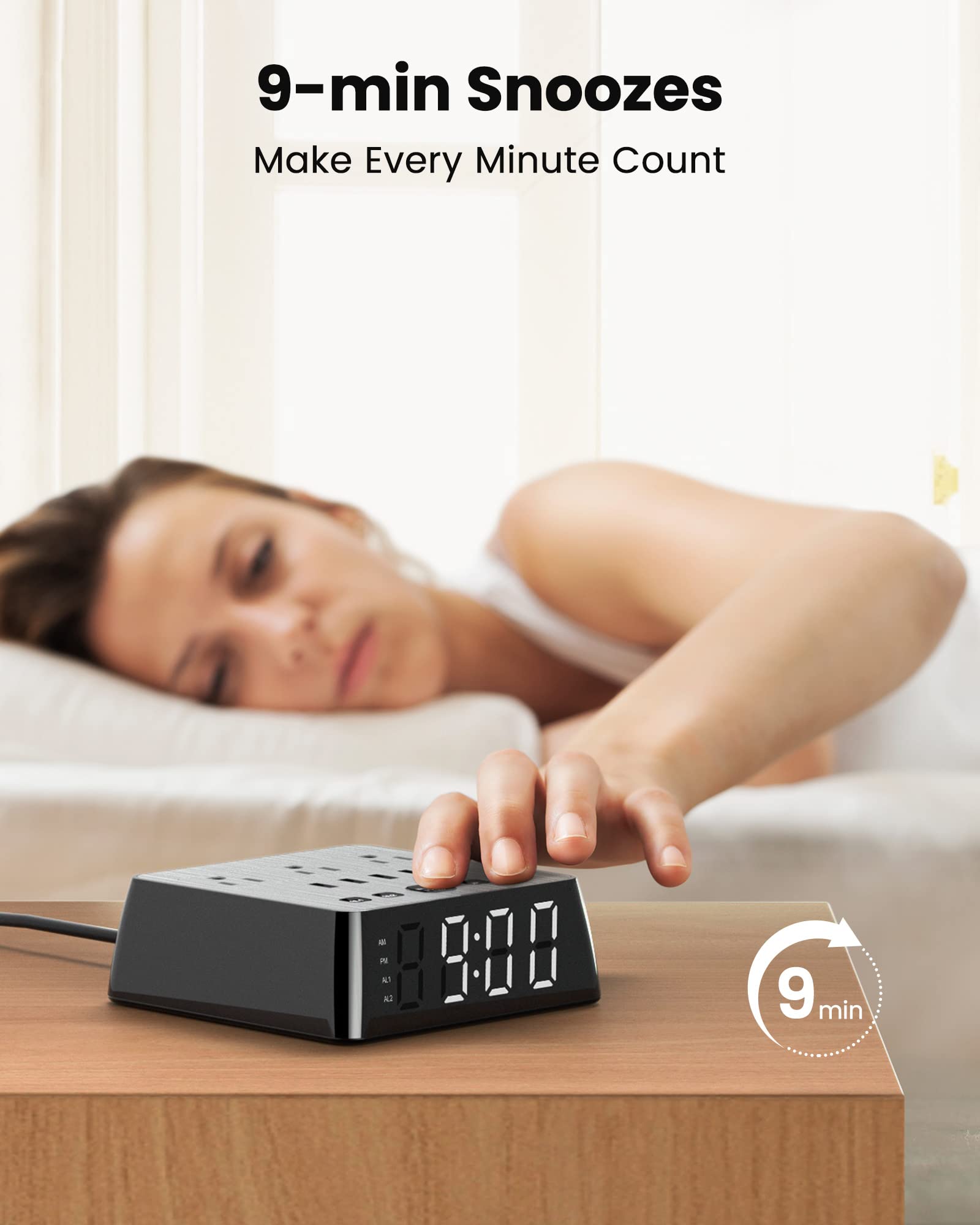 JACKYLED Alarm Clock Power Strip with 3 Outlets, 4 USB Chargers, 1700J Surge Protector, Dimmable LED Display, Black