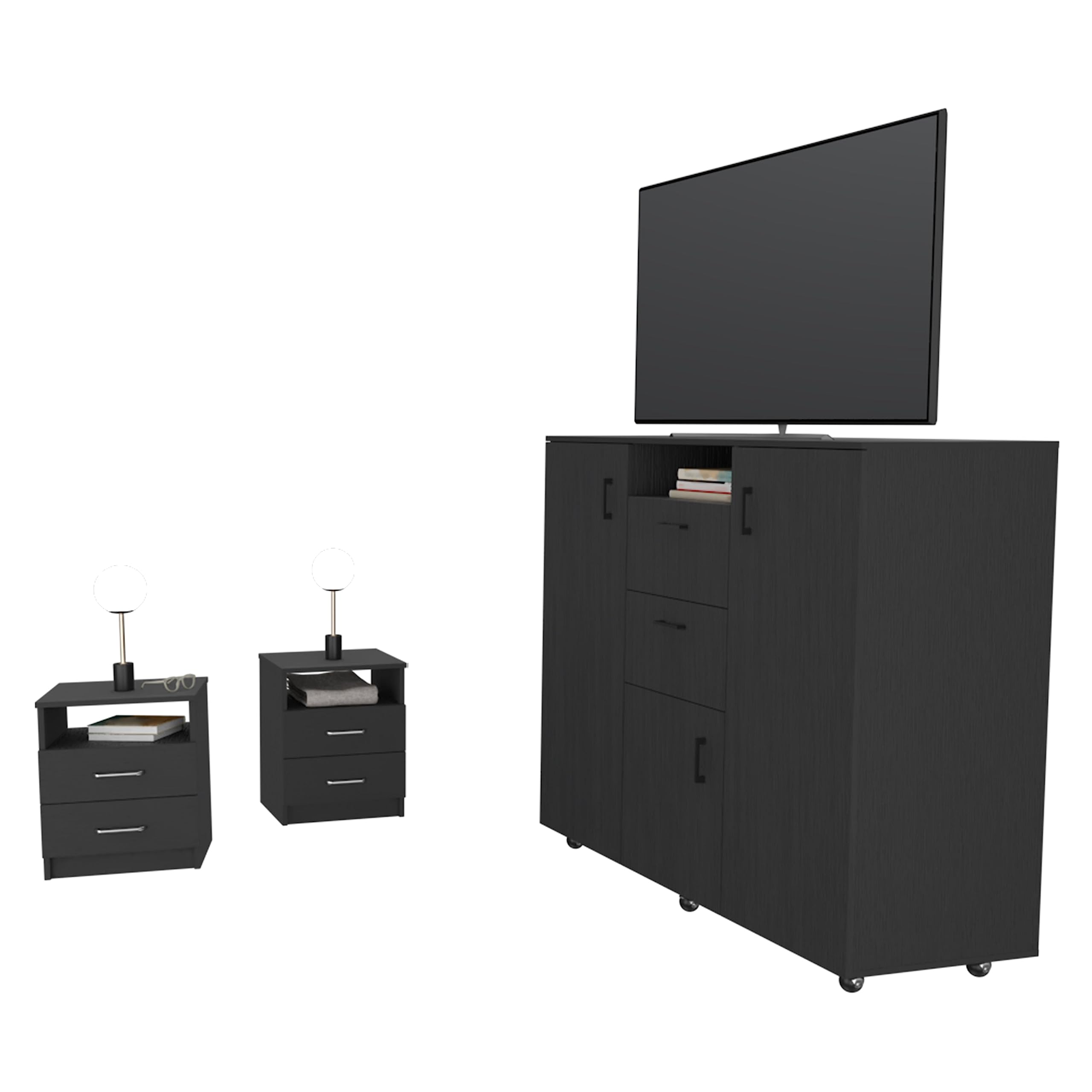 DEPOT E-SHOP Minto 3 Piece Bedroom Set, Cabinet Dresser + 2 Nightstands, Black