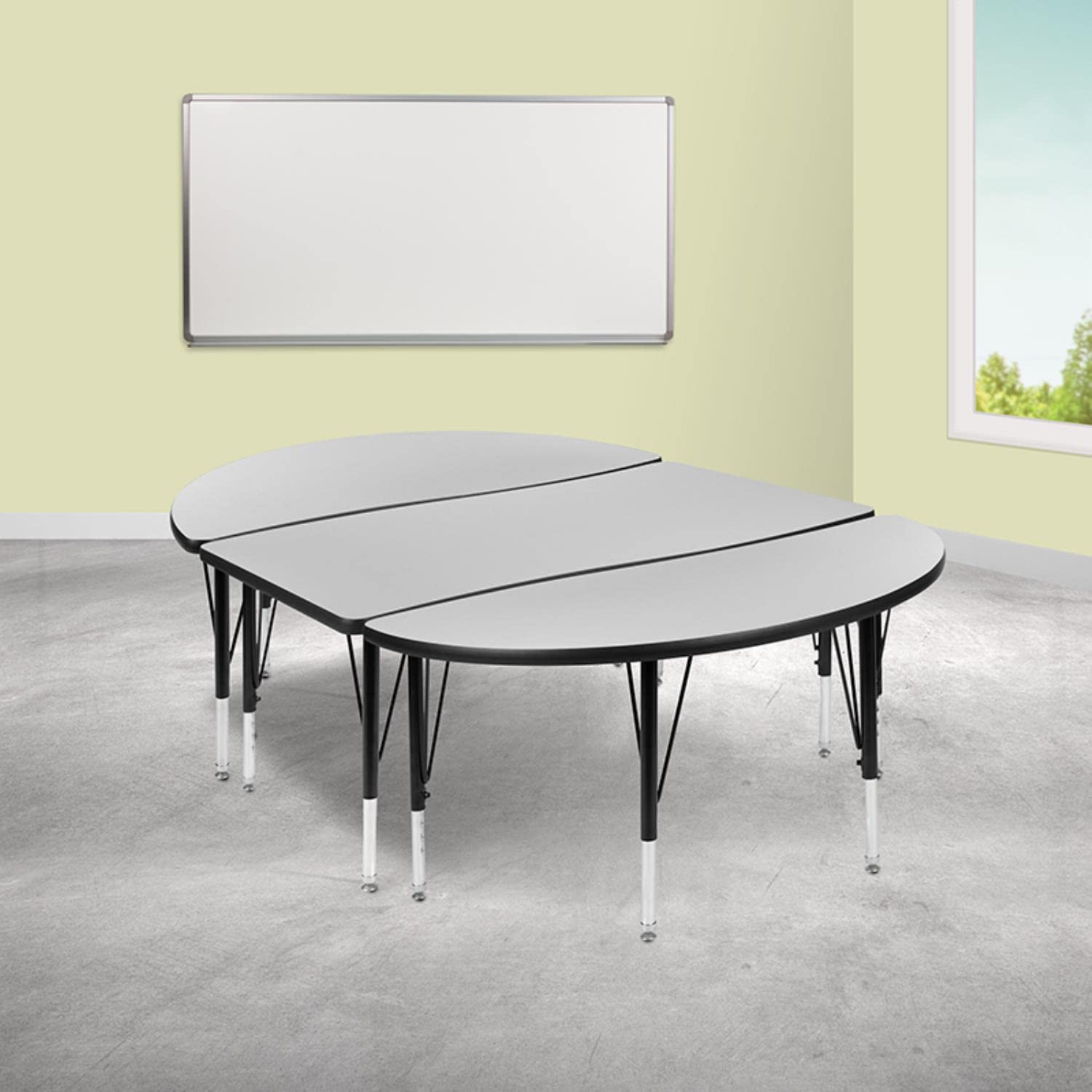 Flash Furniture 3 Piece 76" Oval Wave Collaborative Grey Thermal Laminate Activity Table Set - Height Adjustable Short Legs
