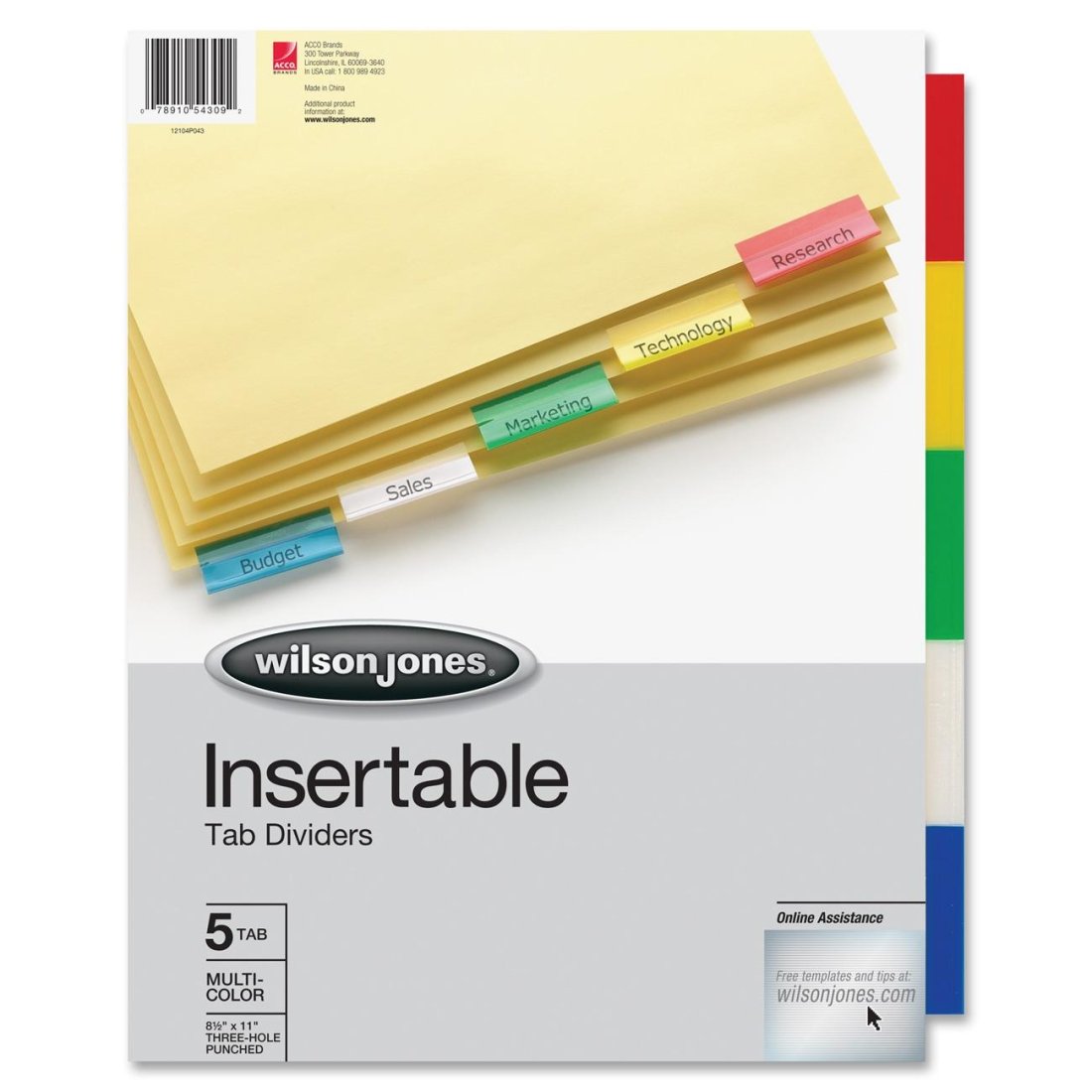Wilson Jones 54309 Single-Sided Reinforced Insertable Index, Multicolor 5-Tab, Letter, Buff