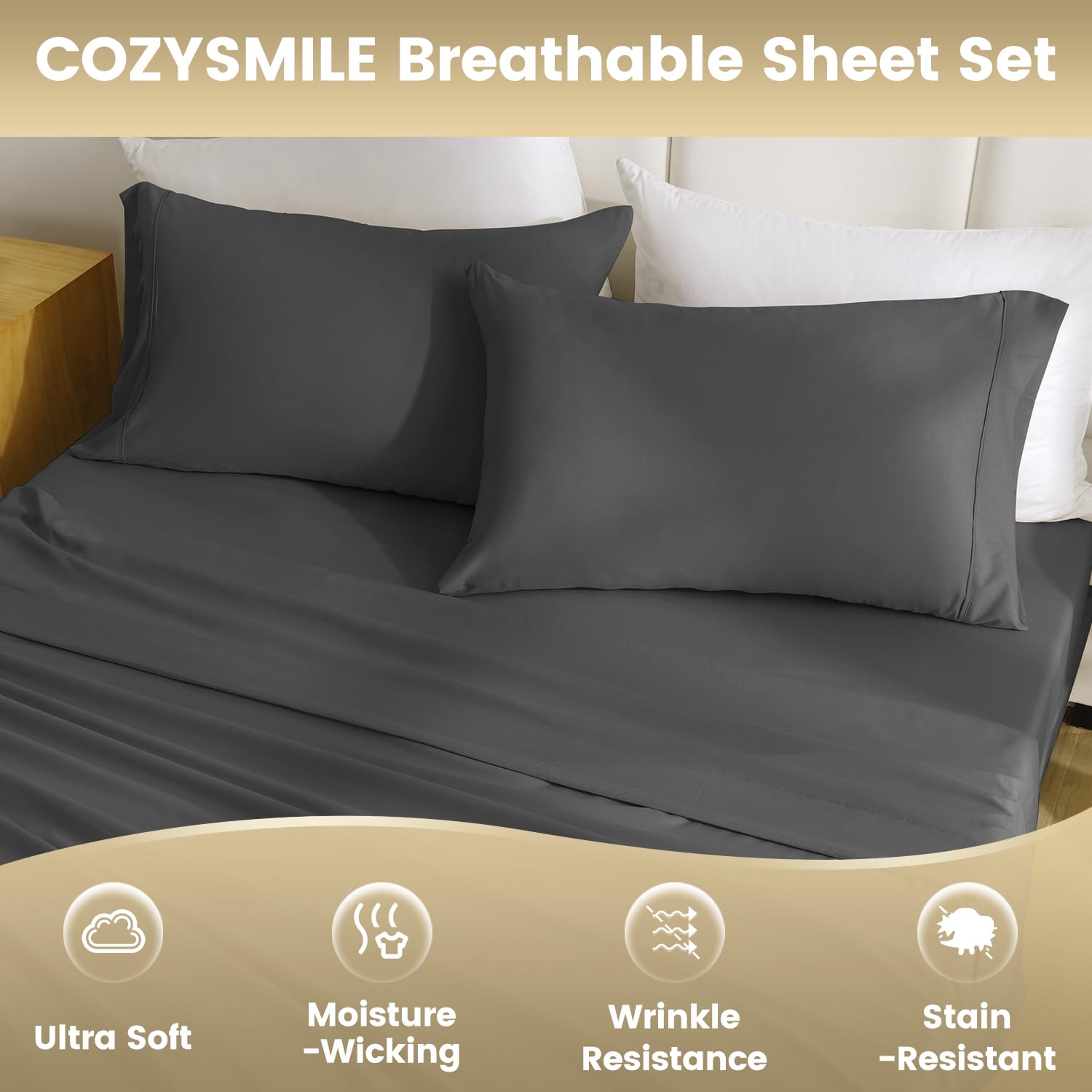 Cozysmile California King Sheet Set - Luxury 4 Piece Breathable Super Soft Bed Sheet & Pillowcase Set, 16'' Deep Pocket Wrinkle
