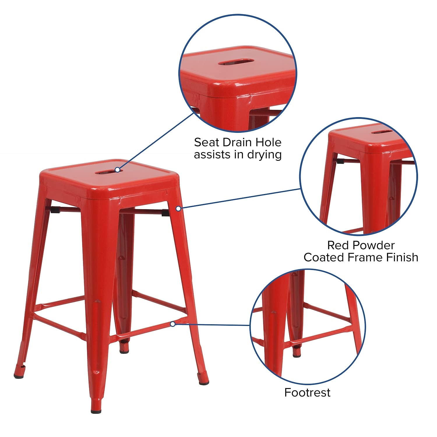Flash Furniture Lily 24" High Backless Red Metal Counter Height Stool with Square Wood Seat