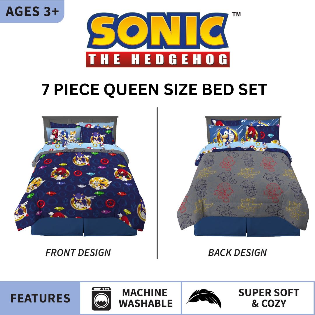 Franco Sonic the Hedgehog Kids Bedding Set, 7 Piece Queen Size, Super Soft Comforter and Sheet Set, Official Licensed Product