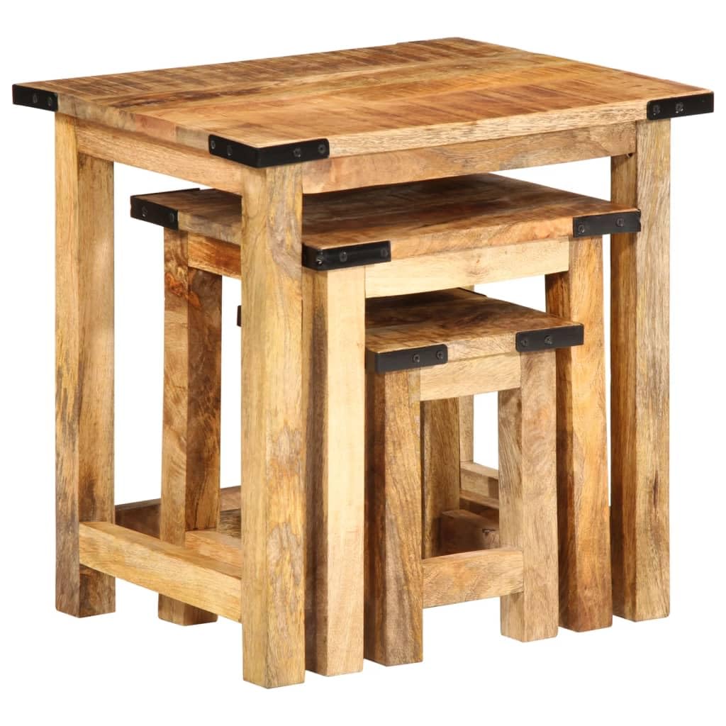 vidaXL Nesting Side Tables 3 pcs - Rough Solid Mango Wood, Industrial Style Furniture, Space-Saving, Versatile Use - Living Room, Bedroom, Office