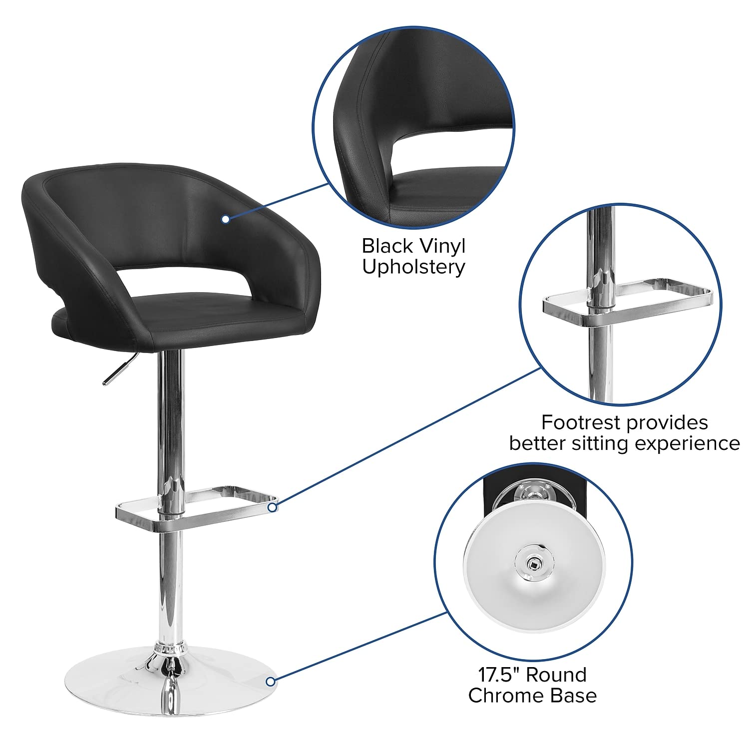 Flash Furniture Erik Comfortable & Stylish Contemporary Barstool with Rounded Mid-Back and Foot Rest, Adjustable Height - Black Vinyl with Chrome Base