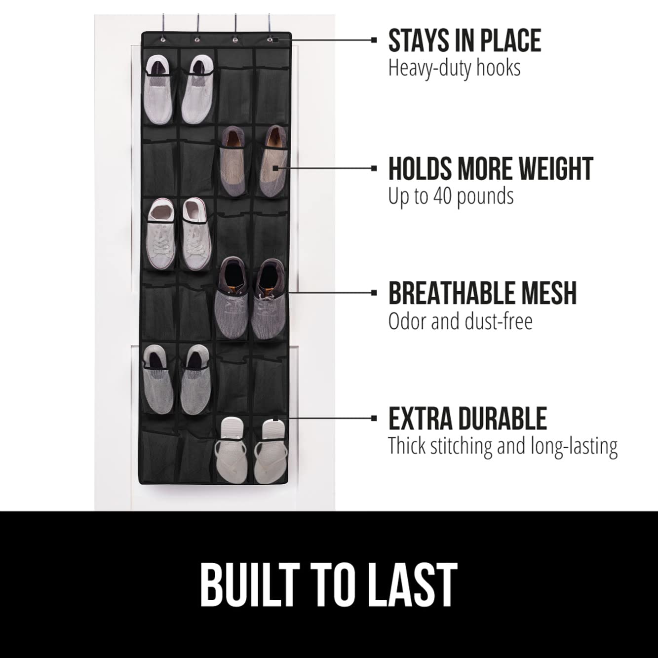 Gorilla Grip Over The Door Shoe Organizer, 2 Pack, 24 Breathable Mesh Pockets, Space Saving Hanging Storage Holder, Closet Rack Hanger Holds Up To 40 Lbs, Hangs On Closets, Shoes, Accessories, Black