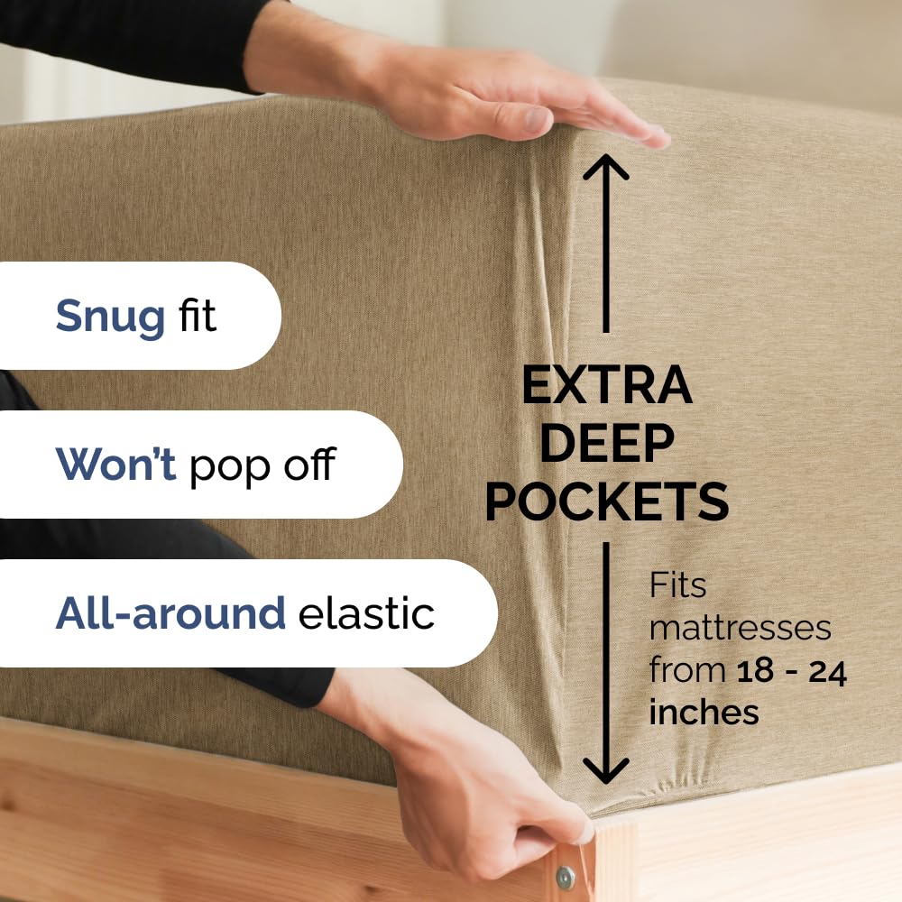 Extra Deep Pocket Queen Sheets - 4 Piece Breathable & Cooling Bed Sheets - Hotel Luxury Sheet Set - Soft, Wrinkle Free & Comfy - Easily Fits Extra Deep Mattresses - Deep Pocket Heathered Tan Sheets