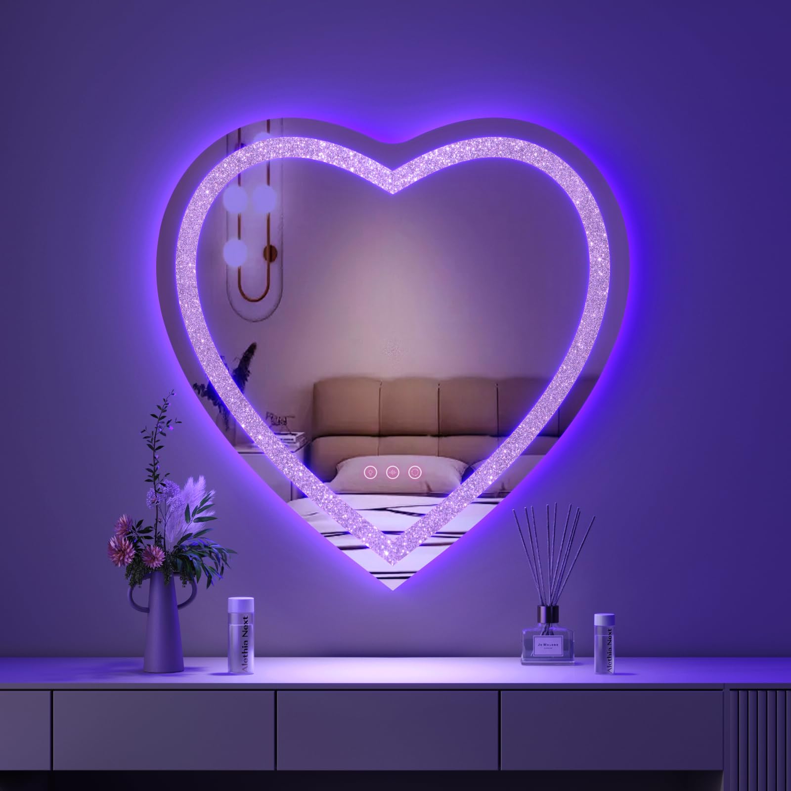 BesMirror 28x28 Heart Shaped Mirror Crushed Diamond, RGBWY LED Heart Vanity Mirror with Lights, 3 Lighting Modes and 8 Static Co