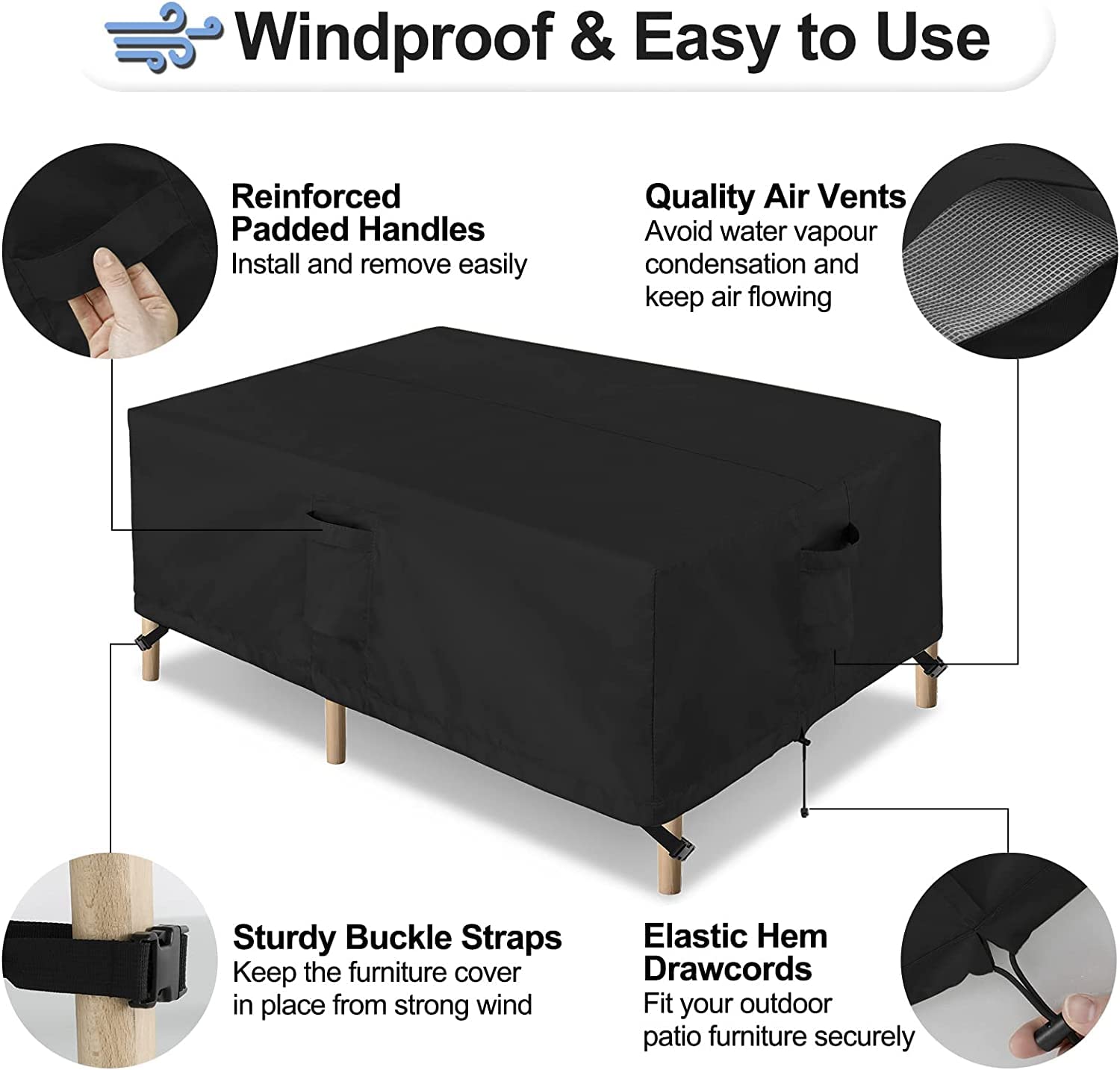 Outdoorlines Outdoor Waterproof Patio Table Furniture Set Covers - Rectangle Couch Sectional Cover Outside Weatherproof Patio Furniture Covering For Deck, Lawn And Backyard 126'L X 126'W X 32'H, Black