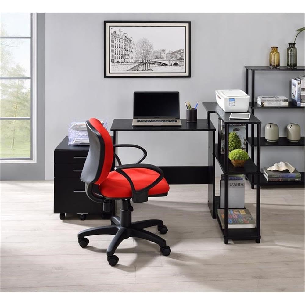 Acme Ievi Wooden Top Writing Desk with Built-in Right Side Bookcase in Black