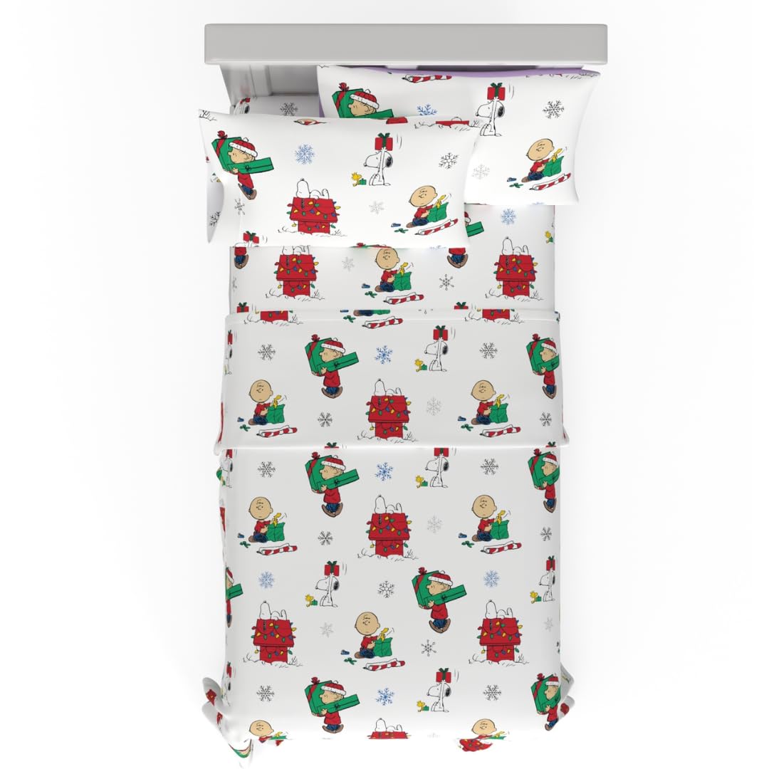 Franco Peanuts Charlie Brown & Snoopy Holiday & Christmas Bedding Super Soft 100% Cotton Flannel Sheet Set, Twin, (Officially Li