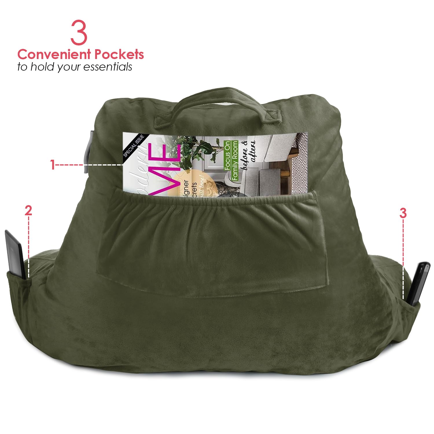 Nestl Reading Pillow For Kids, Small Bed Pillow, Back Pillow For Sitting In Bed, Memory Foam Chair Pillow, Reading & Bed Rest Pillows, Olive Green Back Pillow For Bed, Arm Pillow With Pockets