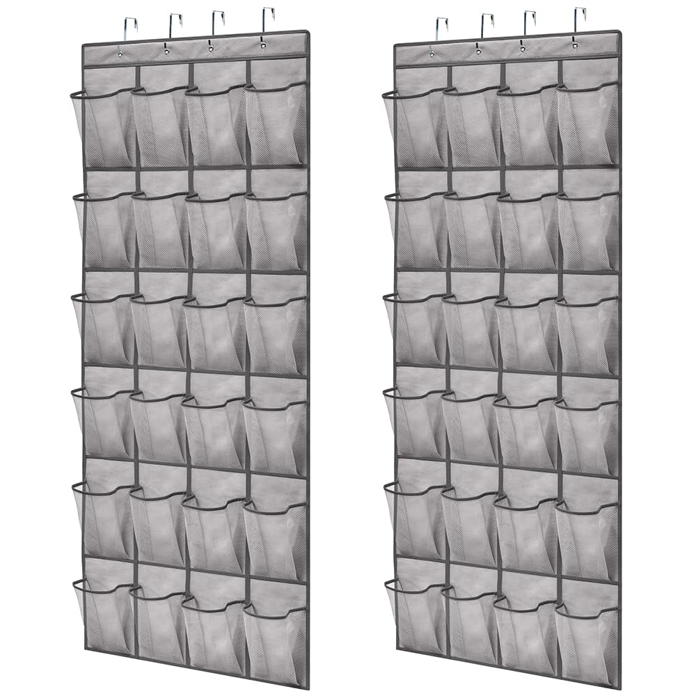 Gorilla Grip Over The Door Shoe Organizer, 2 Pack, 24 Breathable Mesh Pockets, Space Saving Hanging Storage Holder, Closet Rack Hanger Holds Up To 40 Lbs, Hangs On Closets, Shoes, Accessories, Gray