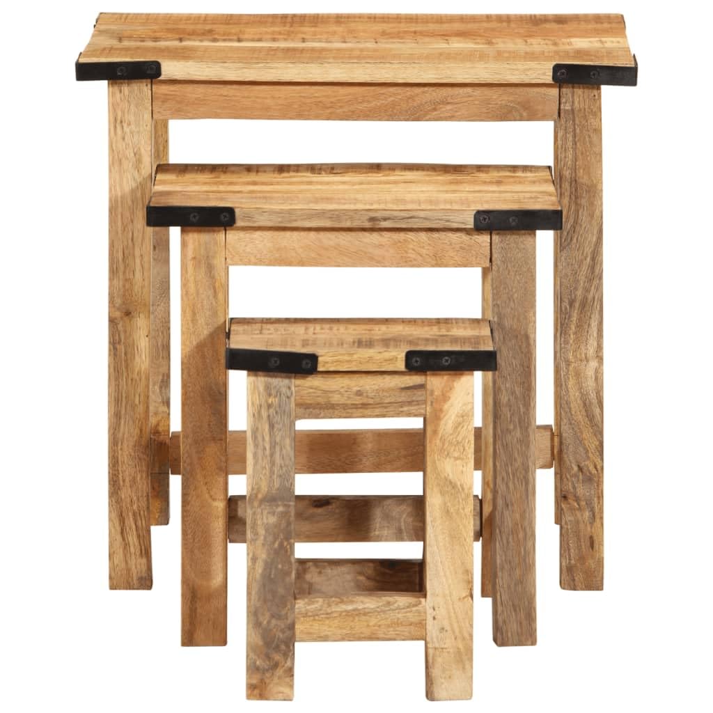 vidaXL Nesting Side Tables 3 pcs - Rough Solid Mango Wood, Industrial Style Furniture, Space-Saving, Versatile Use - Living Room, Bedroom, Office