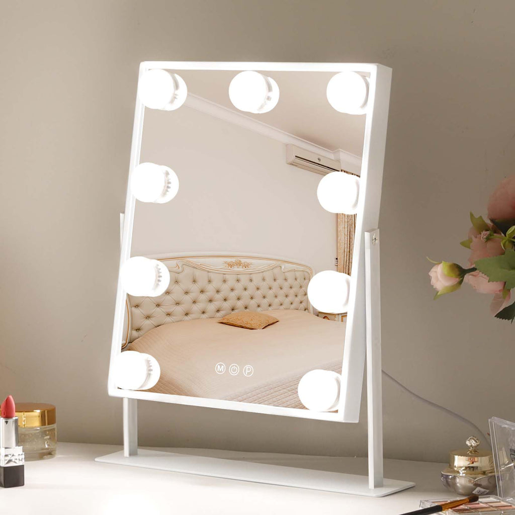 Leishe Vanity Mirror with Lights Hollywood Lighted Makeup Mirror with 9 Dimmable Bulbs & 3 Color Lighting Modes, Detachable 10X 
