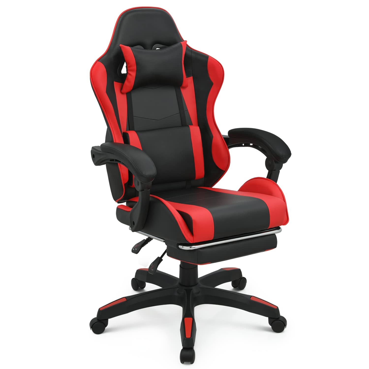 Monibloom Gaming Chair With Footrest High Back Video Game Chair With Headrest & Lumbar Support Height Adjustable Leather Swivel Computer Chair For Adult Teen Office Or Gaming, Red