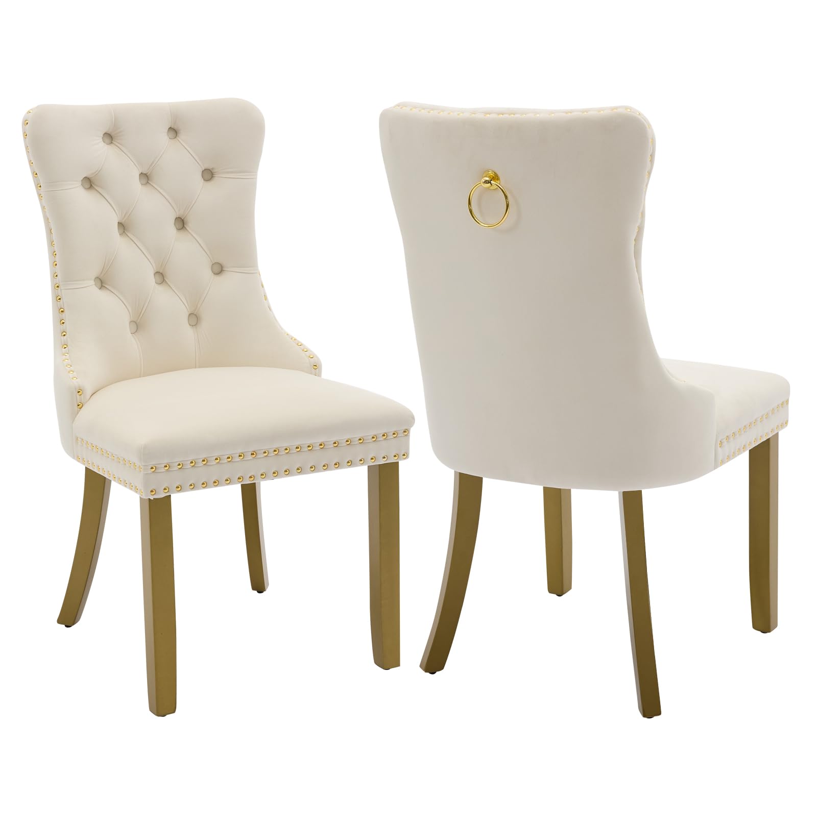 Velvet Dining Chairs Set Of 2, Kitchen & Dining Room Chairs, Upholstered Dining Chairs With Back Ring Pull And Golden Solid Wood
