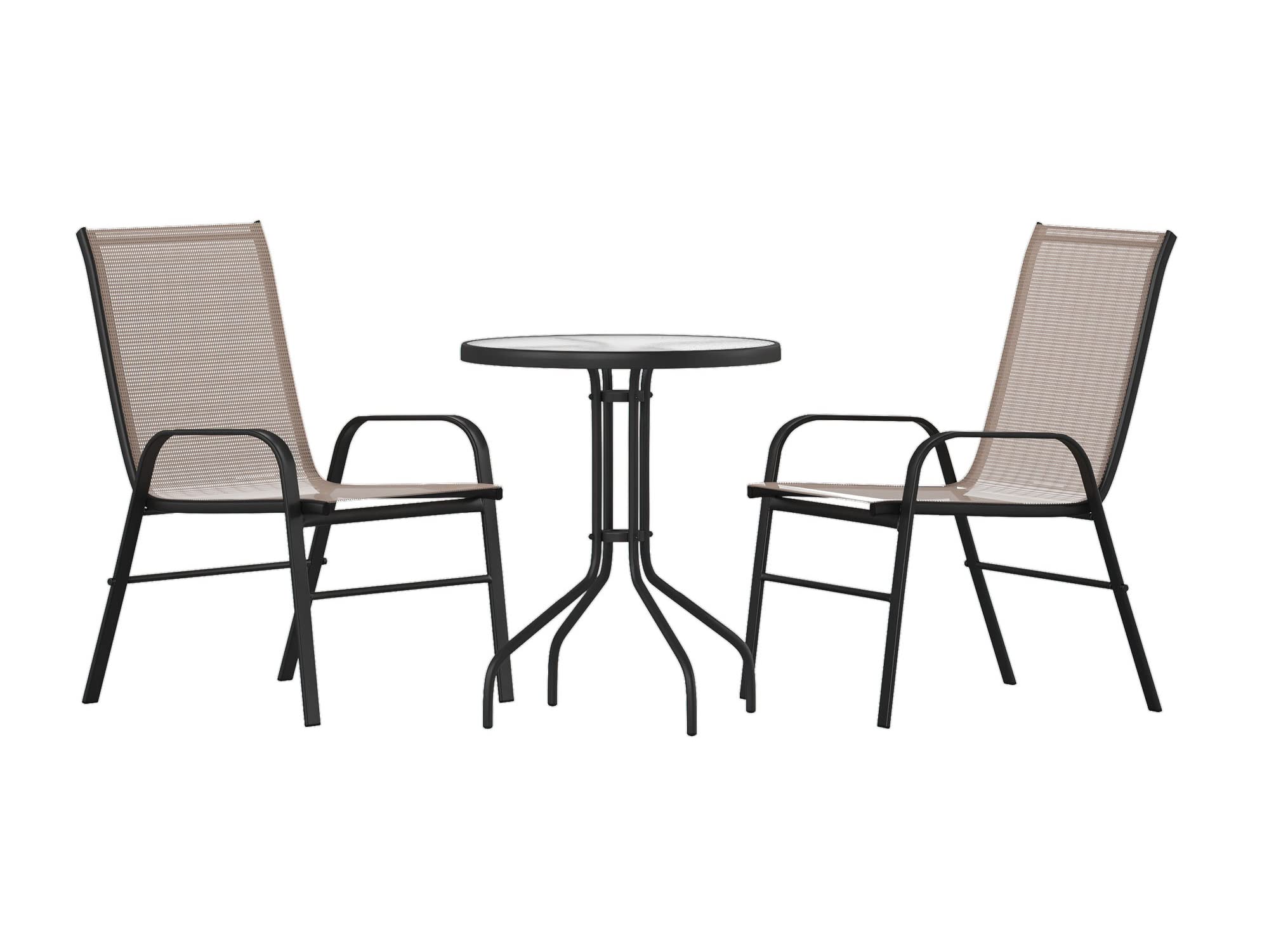 Flash Furniture Brazos 3 Piece Outdoor Patio Dining Set - 2 Brown Flex Comfort Stack Chairs - 23.75" Round Tempered Glass Patio Table