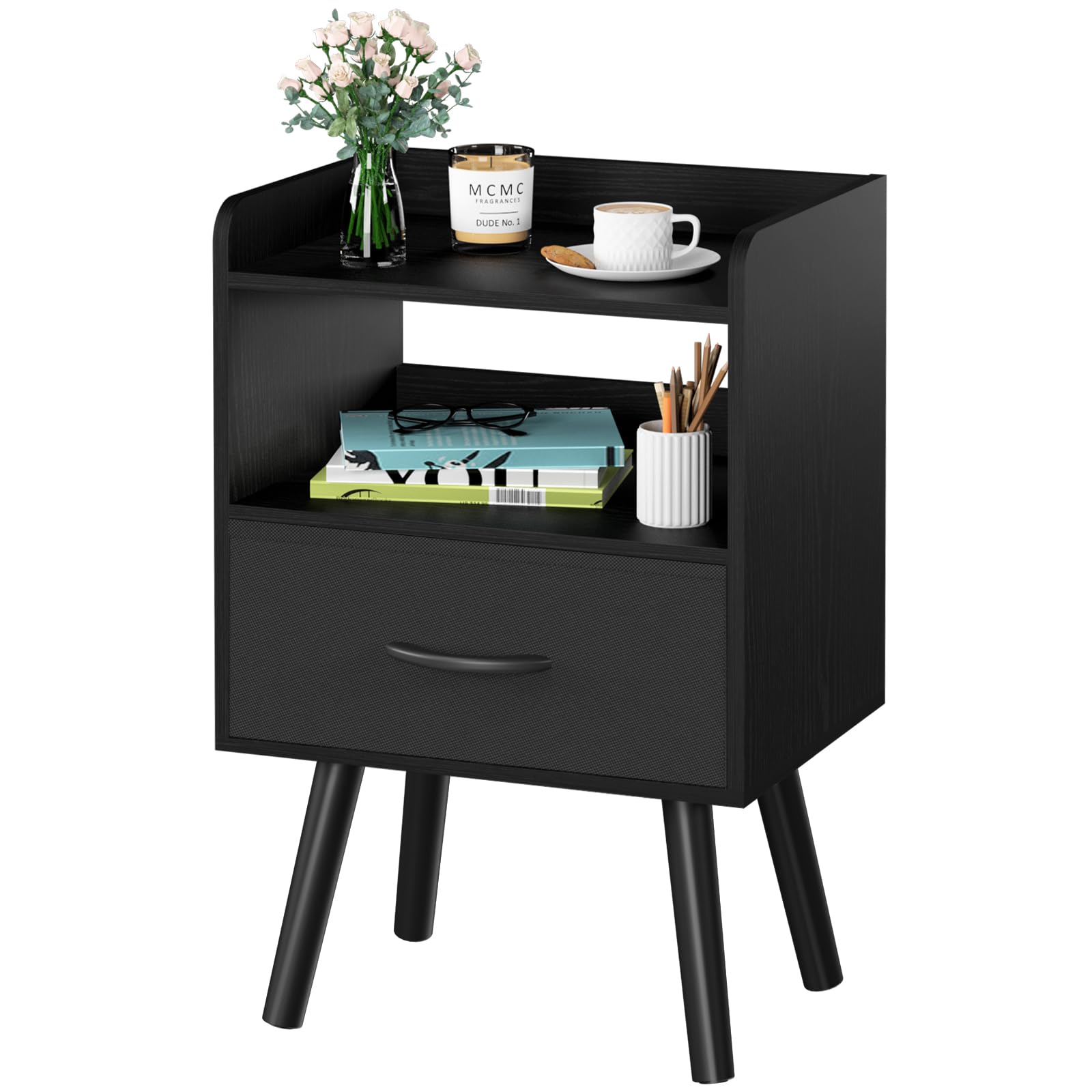 Yoobure Night Stand With Fabric Drawer, Modern Nightstand, Bedside Tables, Mid Century Nightstands With Open Storage Shelf, Wood Bedside Table, Small Night Stands For Bedrooms, 2-Tier Night Table