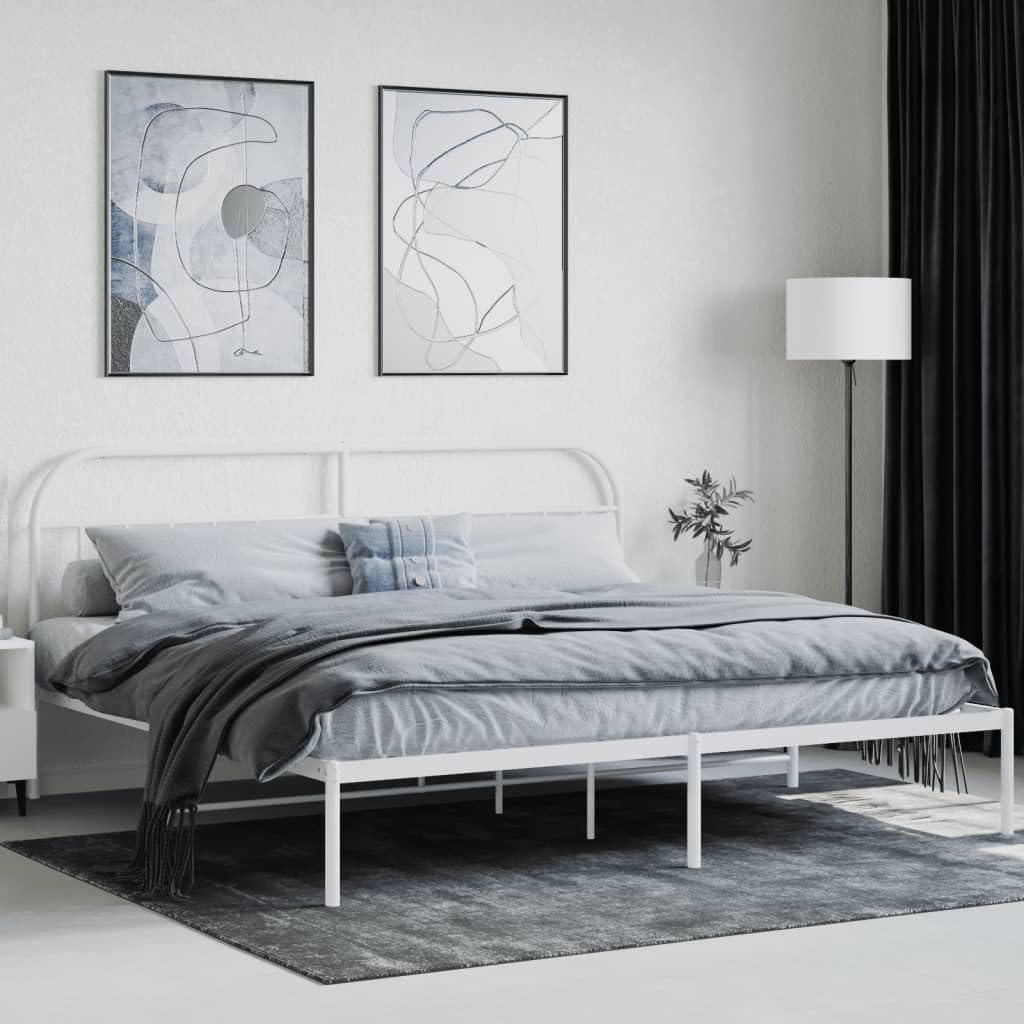 vidaXL 12 Inch White King Size Bed Frame with Headboard, Sturdy Metal Platform Bed Frame & Slats, Extra Under Bed Storage, No Box Spring Needed, Without Mattress