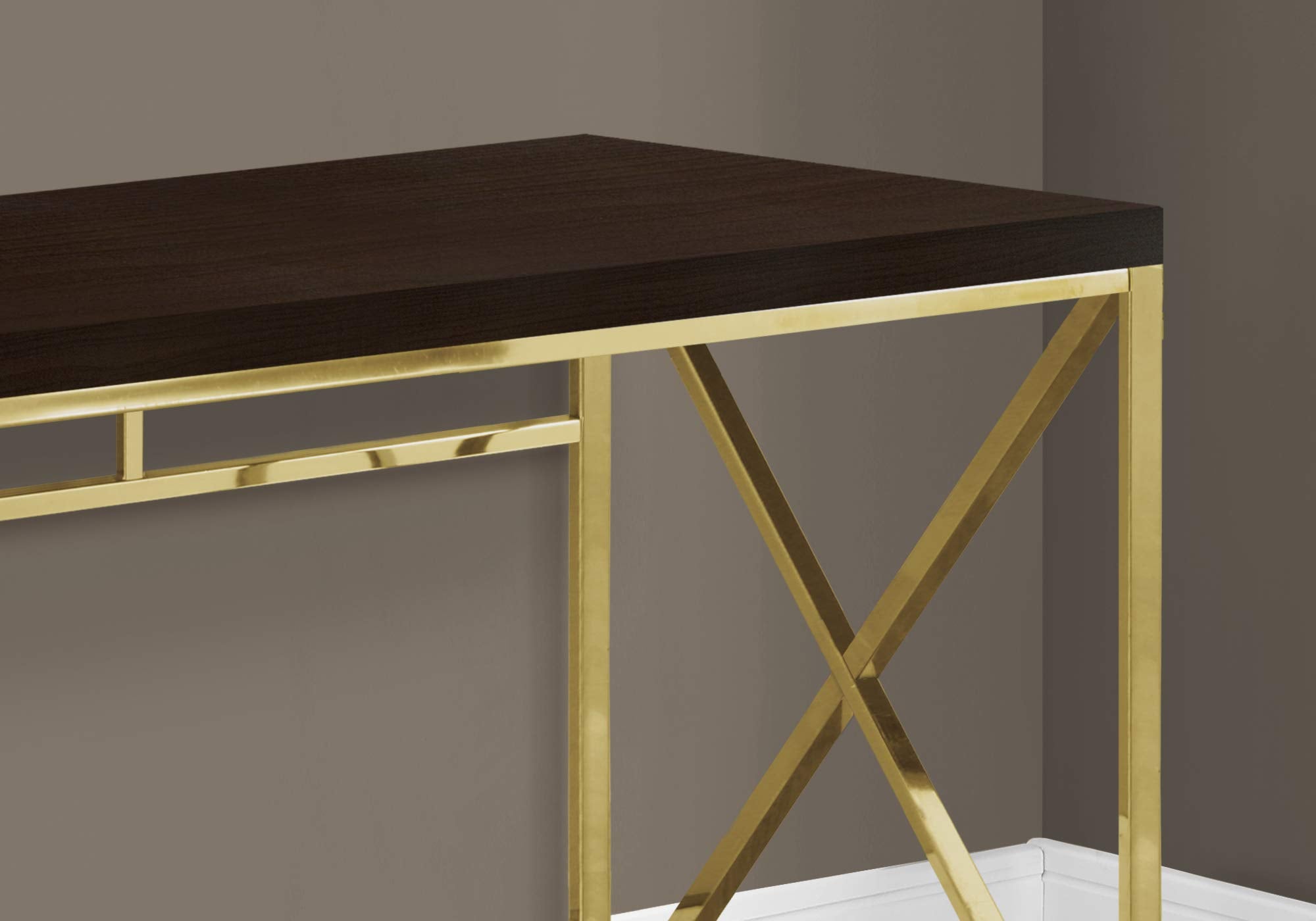 Monarch Specialties I 7201 Computer Desk, Home Office, Laptop, Work, Metal, Laminate, Brown, Gold, Contemporary, Modern