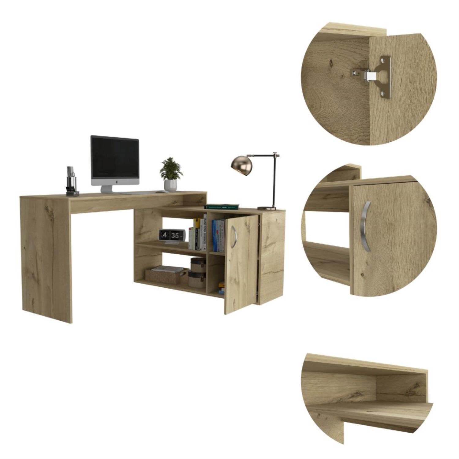 DEPOT E-SHOP Boston L-Shaped Desk, Single Door Cabinet, 2 Open Shelves, 2 Interior Shelves, Light Oak