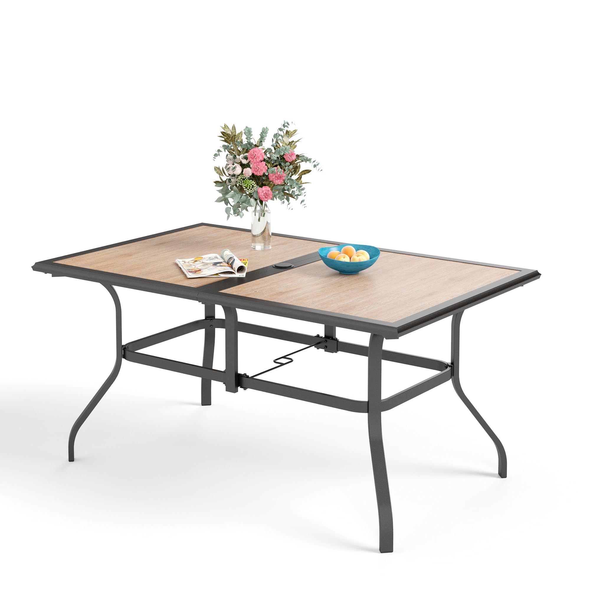 Sophia & William Outdoor Table, Rectangular Patio Table For 6, Large Patio Dining Table With Faux Wood Tabletop And Metal Steel Frame, Outdoor Dining Table With 1.6'-2' Adjustable Umbrella Hole