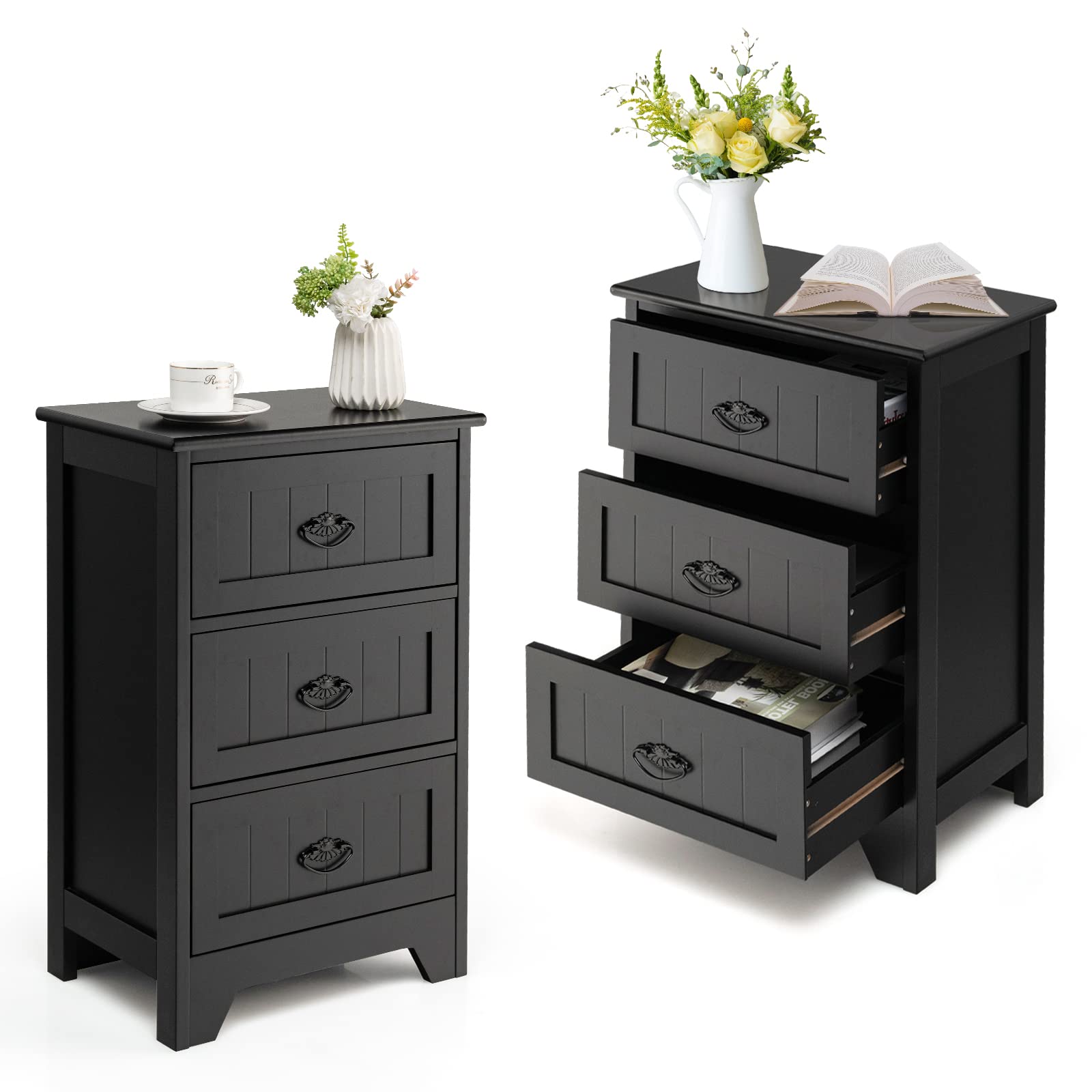 Giantex Nightstand With 3 Drawers, Set Of 2 Bedside Table With Exquisite Metal Handles, Accent Table Sofa Side Table With Anti-Toppling Device For Bedroom, Study, Black