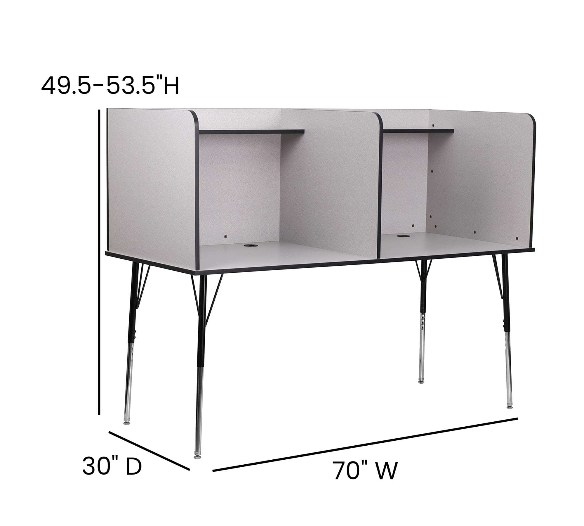 Flash Furniture Study Carrel - Nebula Grey Finish with Top Shelf - Double Wide - Height Adjustable Legs - Wire Management Grommet