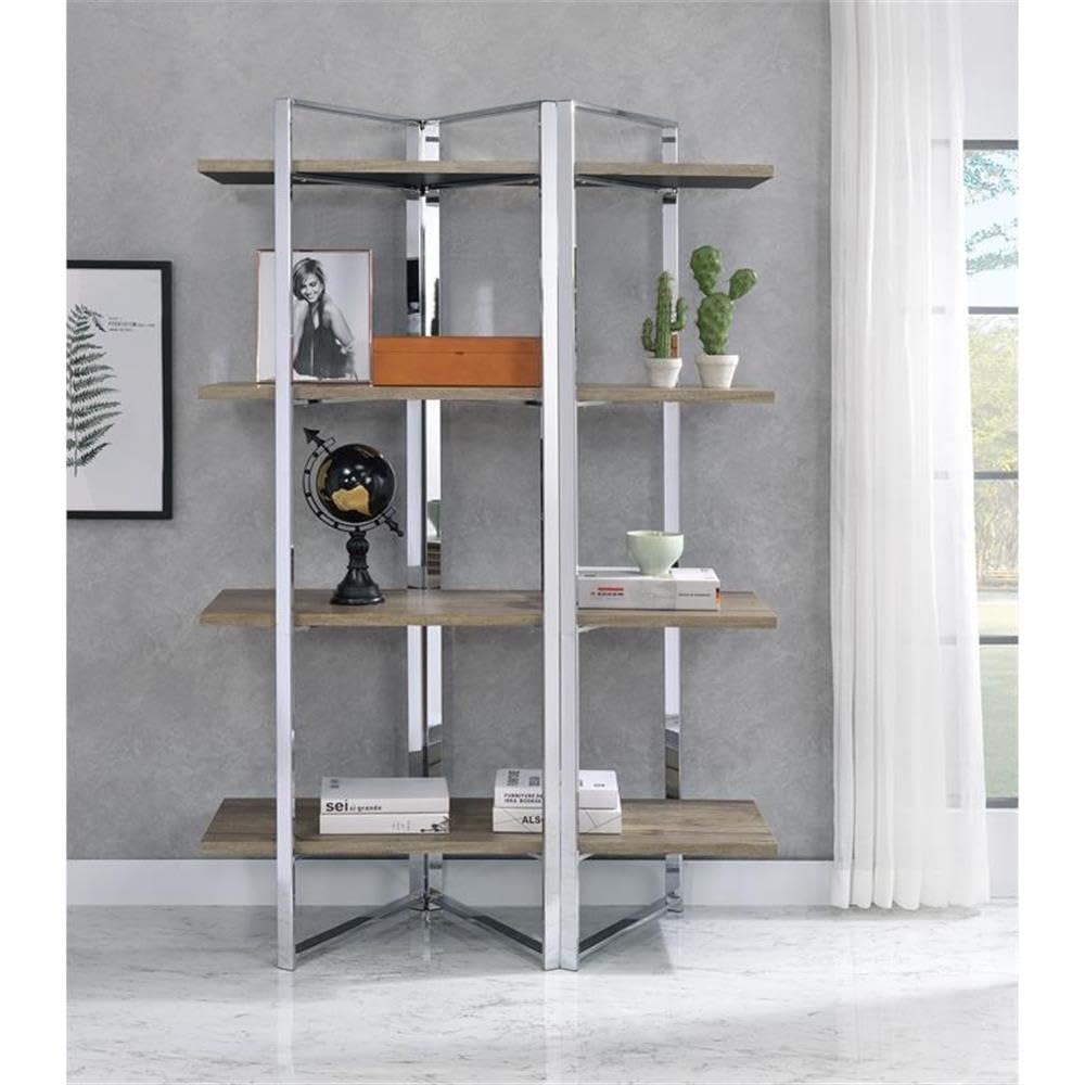 Acme Libby 4 Fixed Wooden Shelves Rectangular Bookshelf in Chrome Metal
