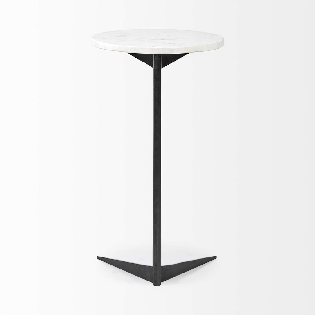 HomeRoots White Marble Round Top Accent Table with Black Iron Base