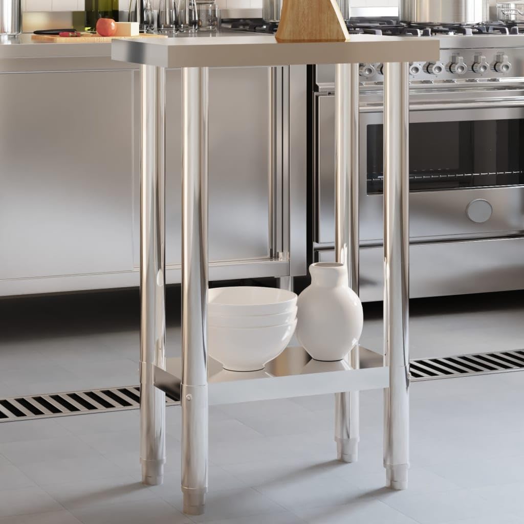 vidaXL Stainless Steel Kitchen Work Table - 21.7"x11.8" Surface, with Storage Shelf & Adjustable Feet for Home, Restaurant, School