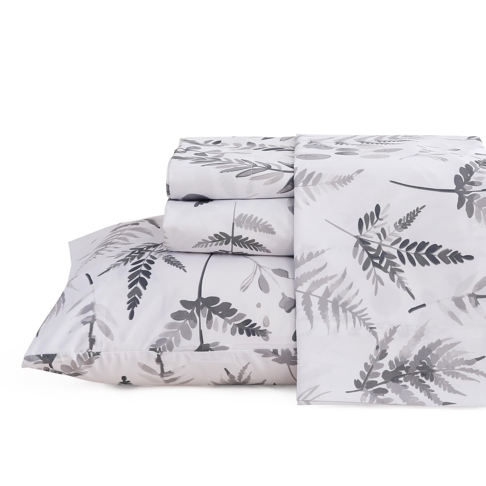 Jsd Grey White Boho Herbs Ferns Sheet Set Full Size, 4 Piece Botanical Printed Microfiber Bed Sheets Deep Pocket
