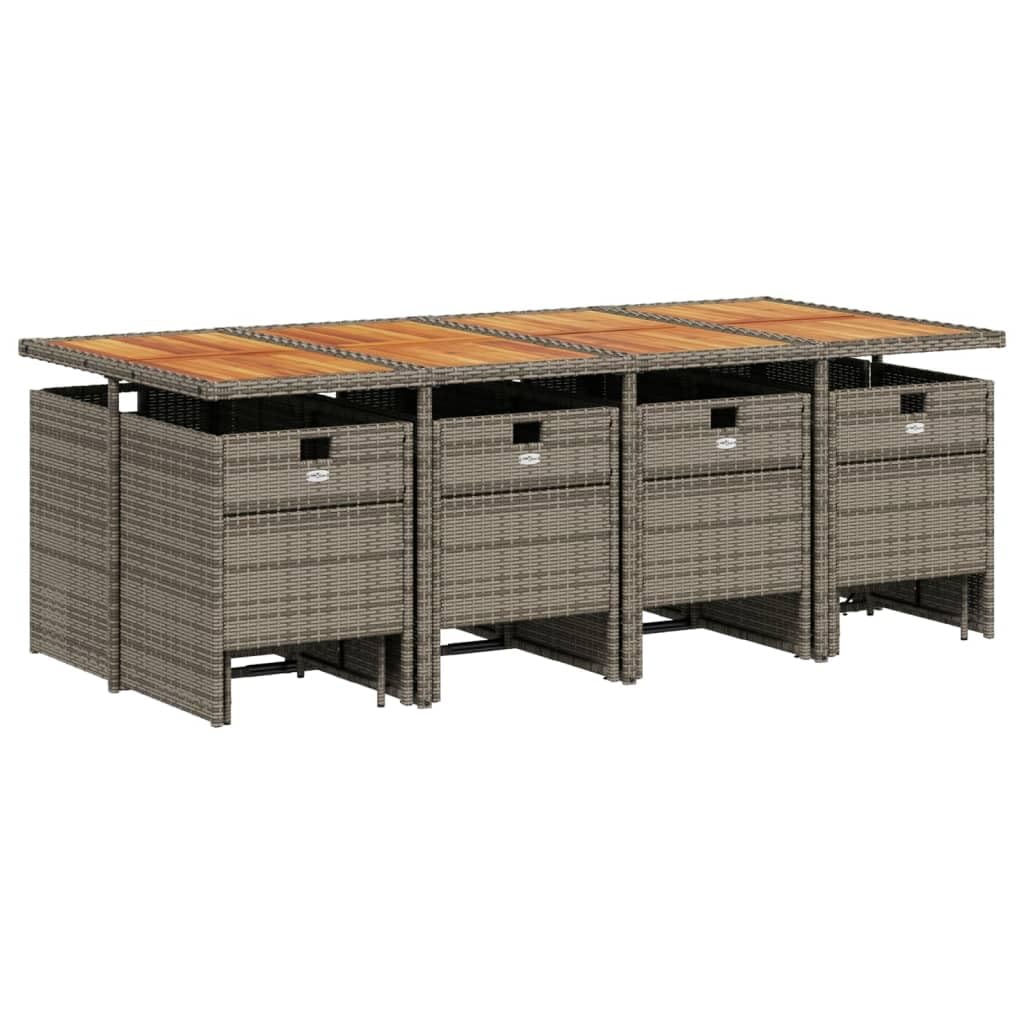 vidaXL Patio Dining Set 13 Piece with Cushions Gray Poly Rattan Acacia Table for Garden Patio Backyard