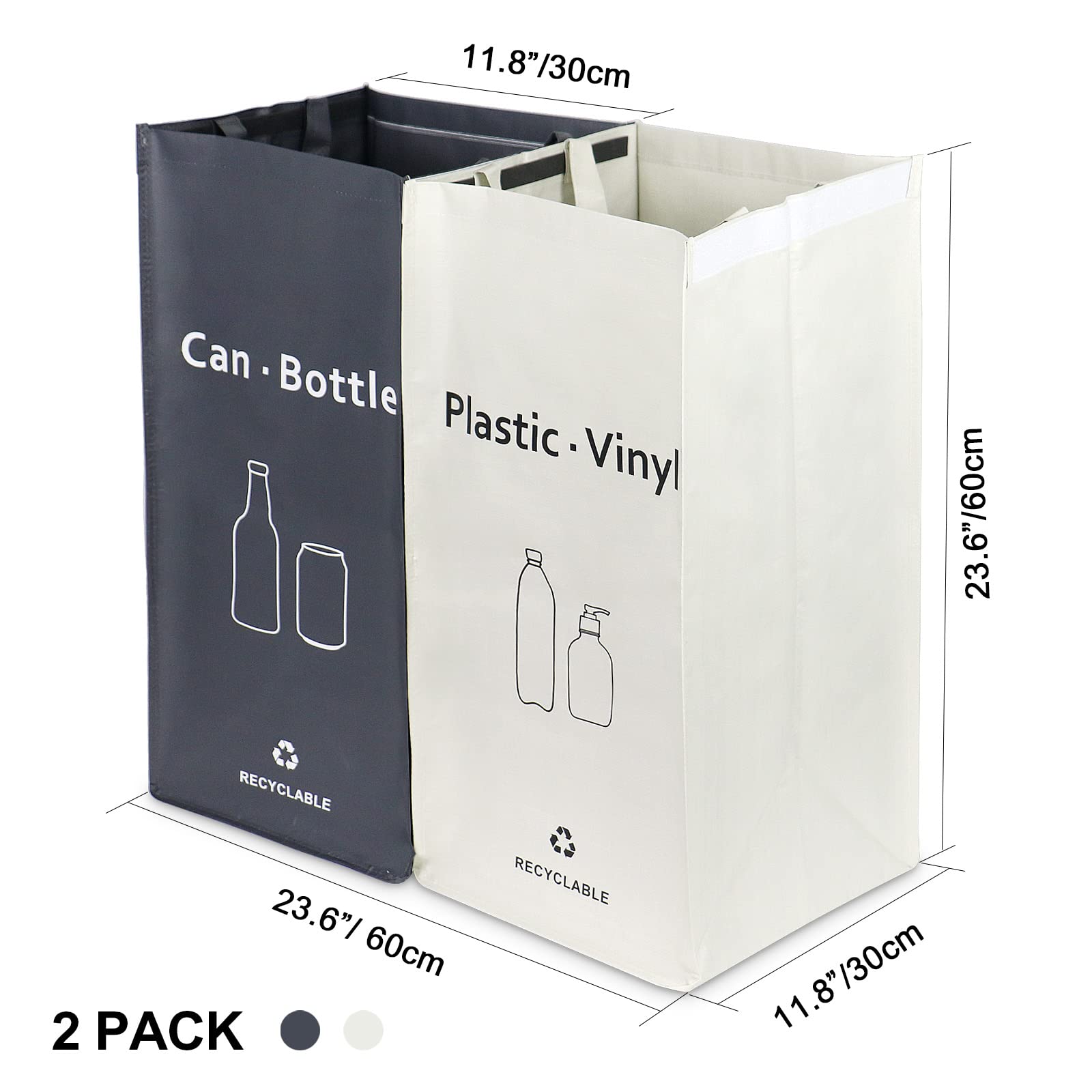 JIALAI HOME 28 Gallon Recycling Bin - Durable Light Gray & Black Trash Sorting Organizer, 2 Pack Recycle Bags for Kitchen